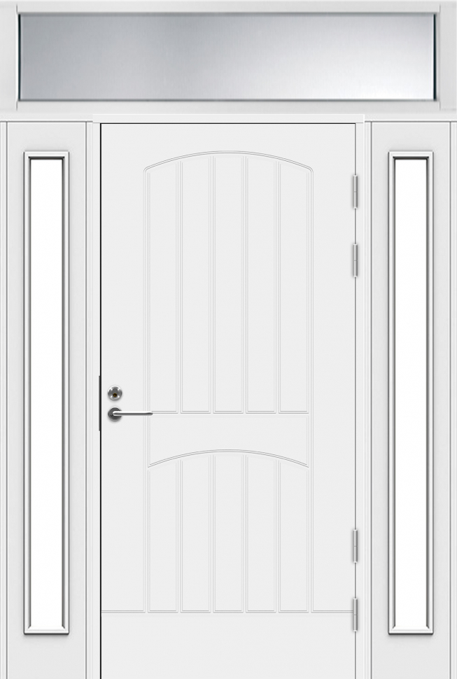 Белая входная дверь R2000 с 2 остекленными створками и фрамугой фото 1 — Финдвери