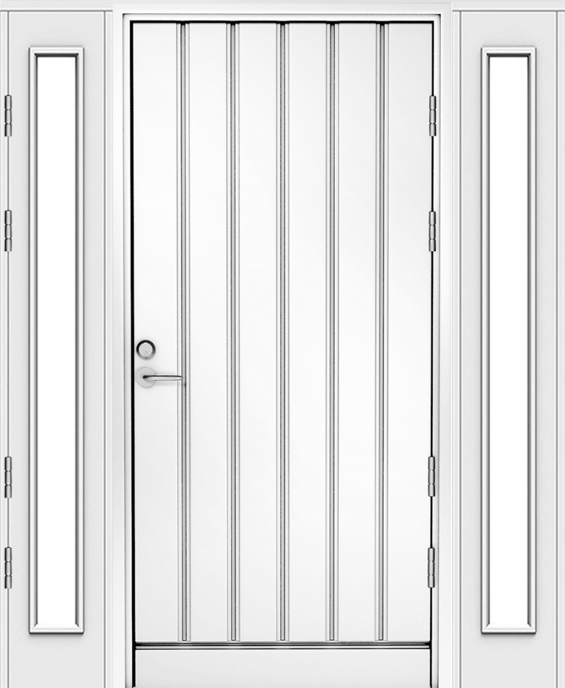 Белая входная дверь R1894 с 2 остекленными створками (открыв. + стац.) фото 1 — Финдвери