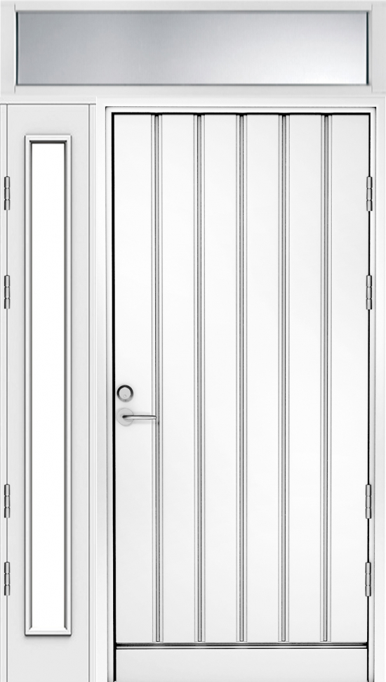 Белая входная дверь R1894 с открывающейся остекленной створкой и фрамугой фото 1 — Финдвери