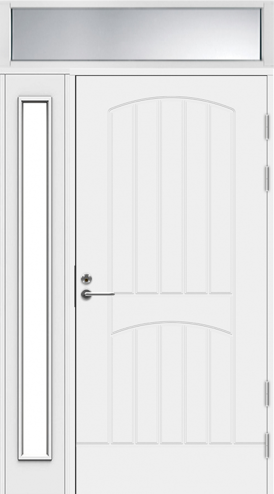 Белая входная дверь R2000 с остекленной створкой и фрамугой фото 1 — Финдвери